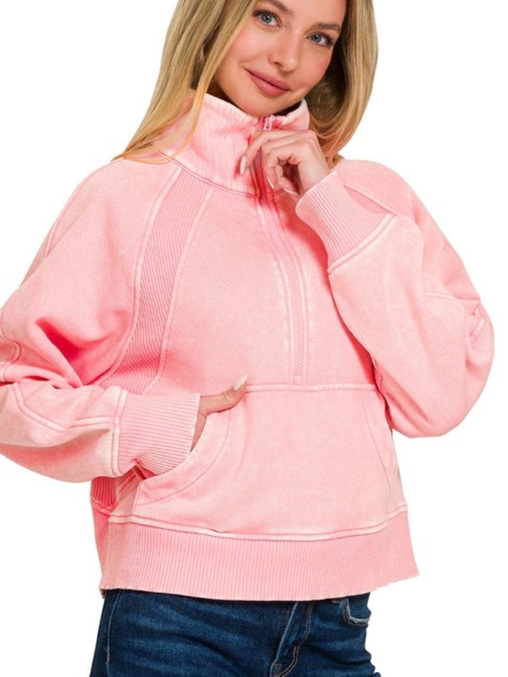 Zenana Acid Wash Half Zip Pullover Sweatshirt Light Pink Large